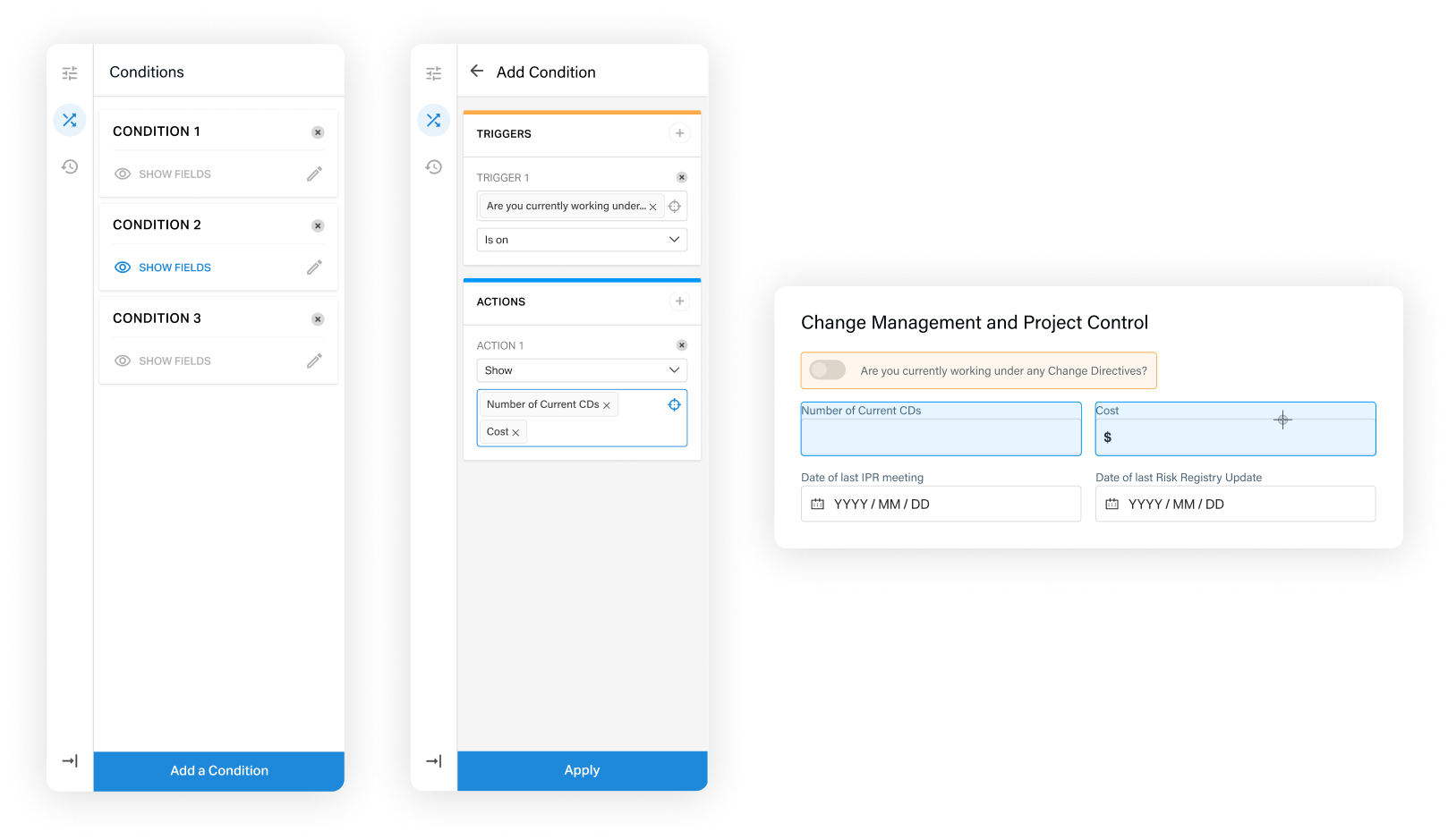 Conditions toolbar — colour system distinguishing triggers from actions